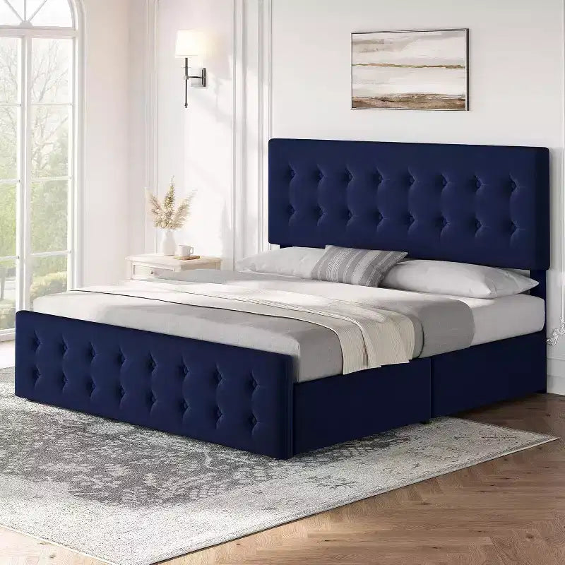 Lit de rangement grand lit/très grand lit avec 4 tiroirs et tête de lit réglable - Lit plateforme rembourré en lin/PU/velours