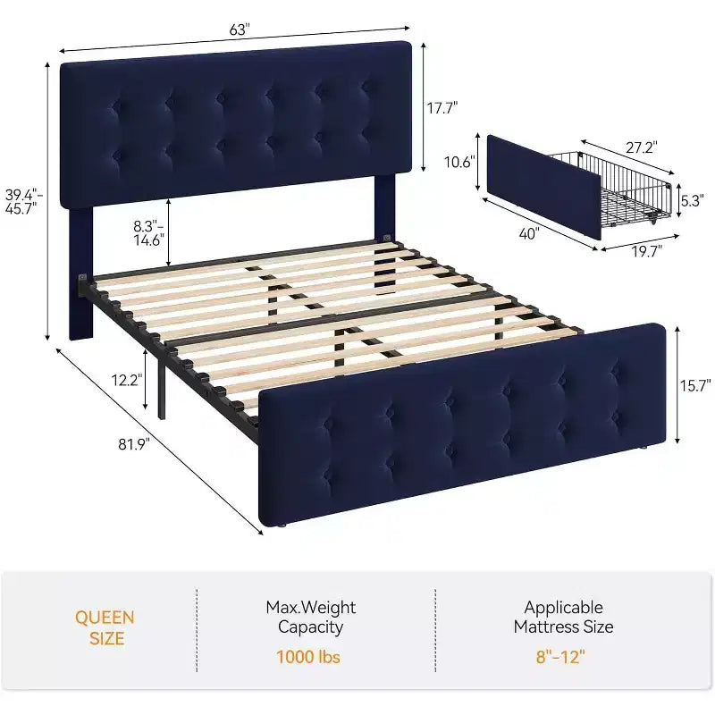 Lit de rangement grand lit/très grand lit avec 4 tiroirs et tête de lit réglable - Lit plateforme rembourré en lin/PU/velours
