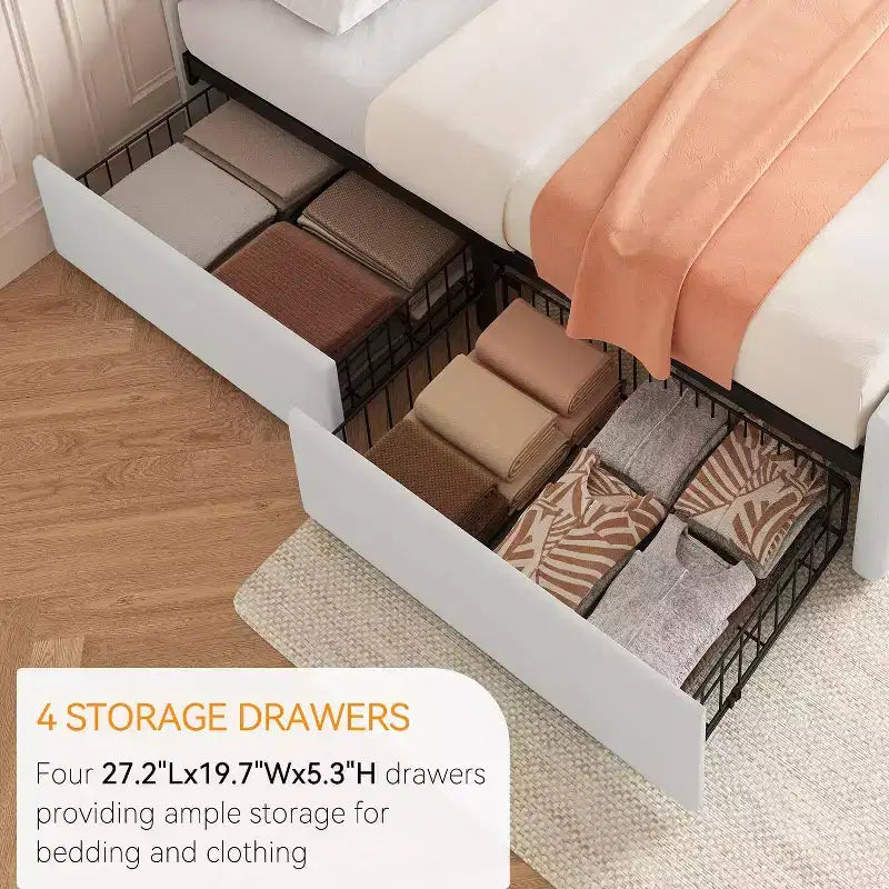 Lit de rangement grand lit/très grand lit avec 4 tiroirs et tête de lit réglable - Lit plateforme rembourré en lin/PU/velours