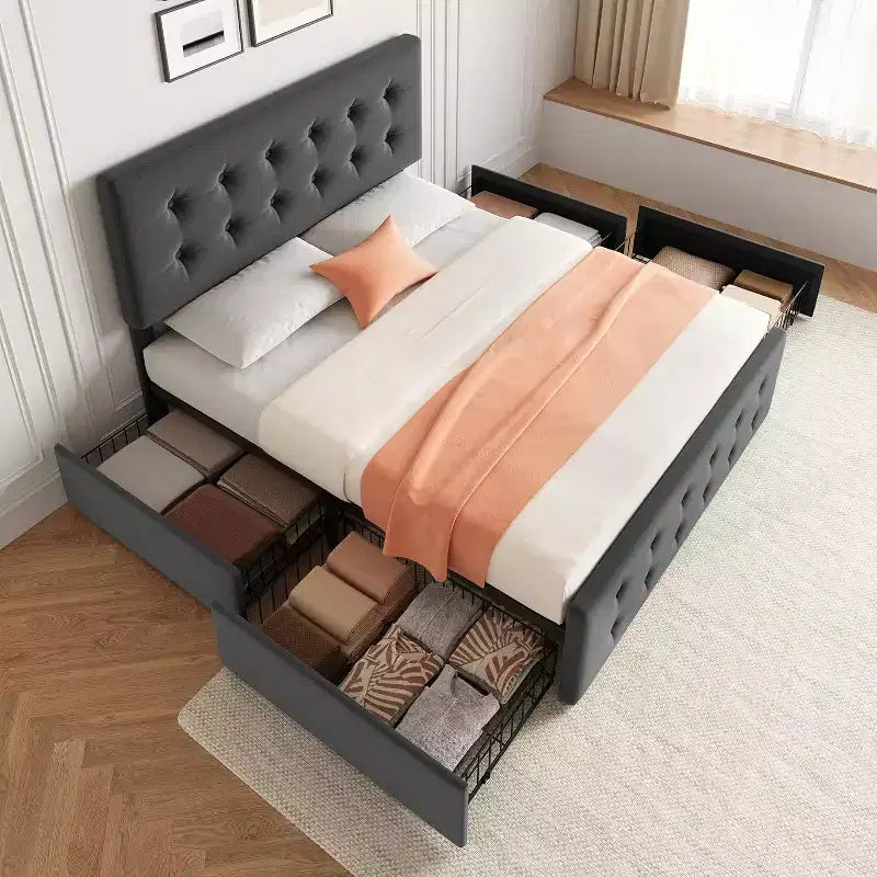 Lit de rangement grand lit/très grand lit avec 4 tiroirs et tête de lit réglable - Lit plateforme rembourré en lin/PU/velours