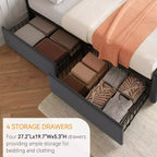 Lit de rangement grand lit/très grand lit avec 4 tiroirs et tête de lit réglable - Lit plateforme rembourré en lin/PU/velours