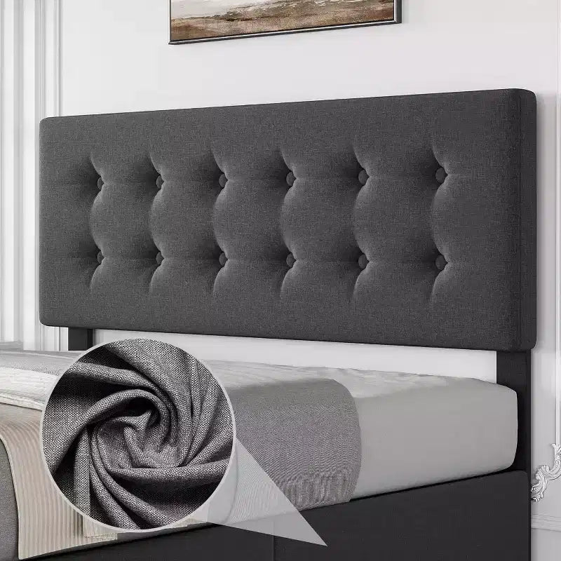 Lit de rangement grand lit/très grand lit avec 4 tiroirs et tête de lit réglable - Lit plateforme rembourré en lin/PU/velours