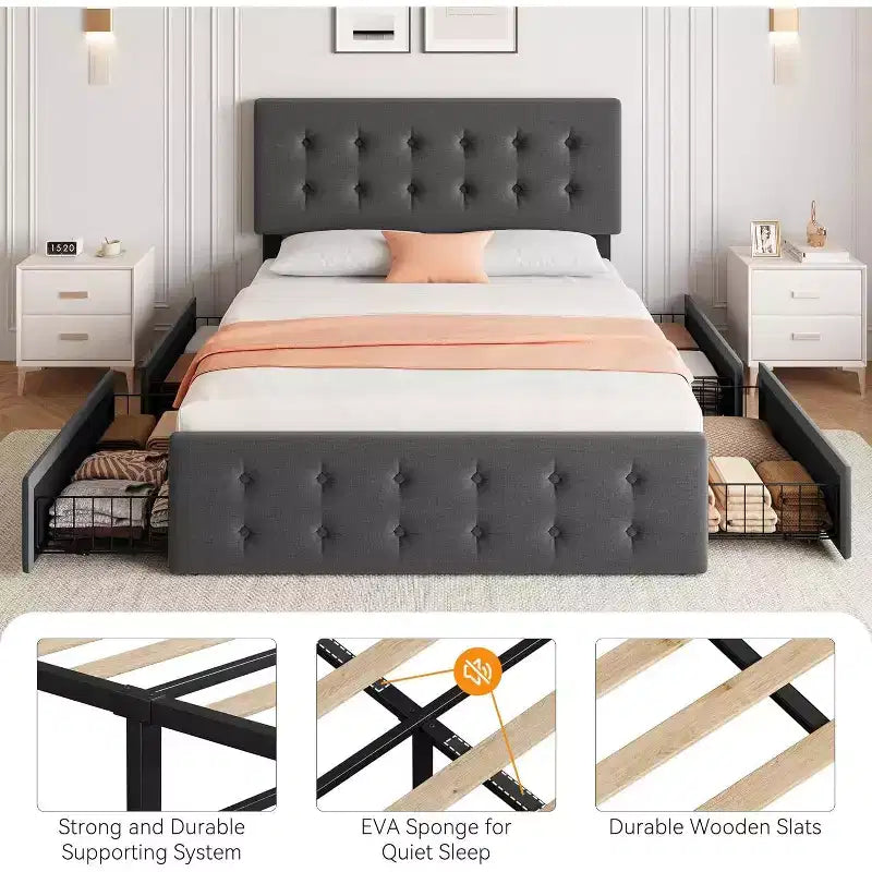 Lit de rangement grand lit/très grand lit avec 4 tiroirs et tête de lit réglable - Lit plateforme rembourré en lin/PU/velours