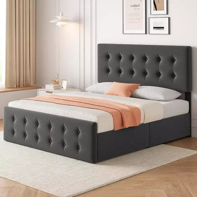 Lit de rangement grand lit/très grand lit avec 4 tiroirs et tête de lit réglable - Lit plateforme rembourré en lin/PU/velours