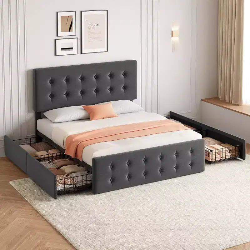 Lit de rangement grand lit/très grand lit avec 4 tiroirs et tête de lit réglable - Lit plateforme rembourré en lin/PU/velours