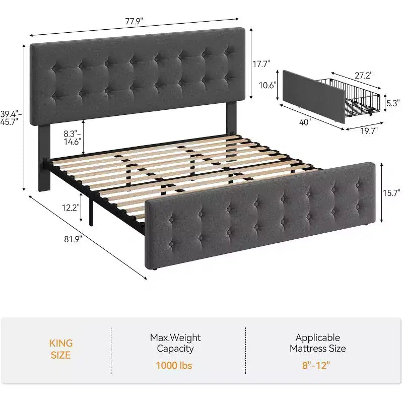 Lit de rangement grand lit/très grand lit avec 4 tiroirs et tête de lit réglable - Lit plateforme rembourré en lin/PU/velours