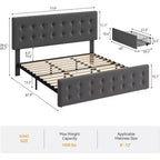 Lit de rangement grand lit/très grand lit avec 4 tiroirs et tête de lit réglable - Lit plateforme rembourré en lin/PU/velours