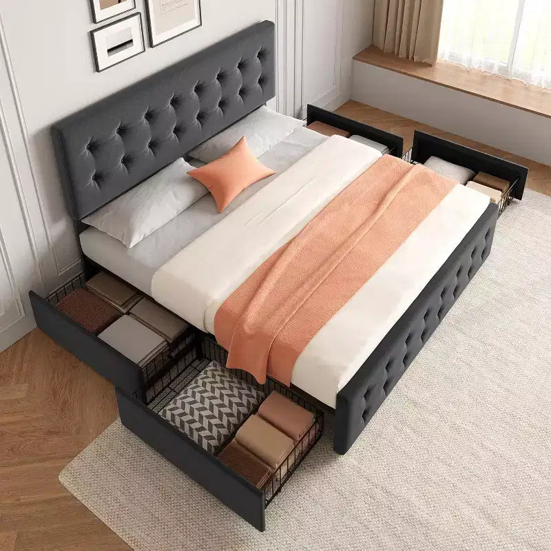 Lit de rangement grand lit/très grand lit avec 4 tiroirs et tête de lit réglable - Lit plateforme rembourré en lin/PU/velours