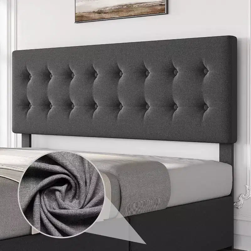 Lit de rangement grand lit/très grand lit avec 4 tiroirs et tête de lit réglable - Lit plateforme rembourré en lin/PU/velours