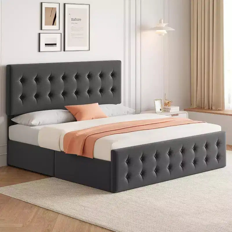 Lit de rangement grand lit/très grand lit avec 4 tiroirs et tête de lit réglable - Lit plateforme rembourré en lin/PU/velours