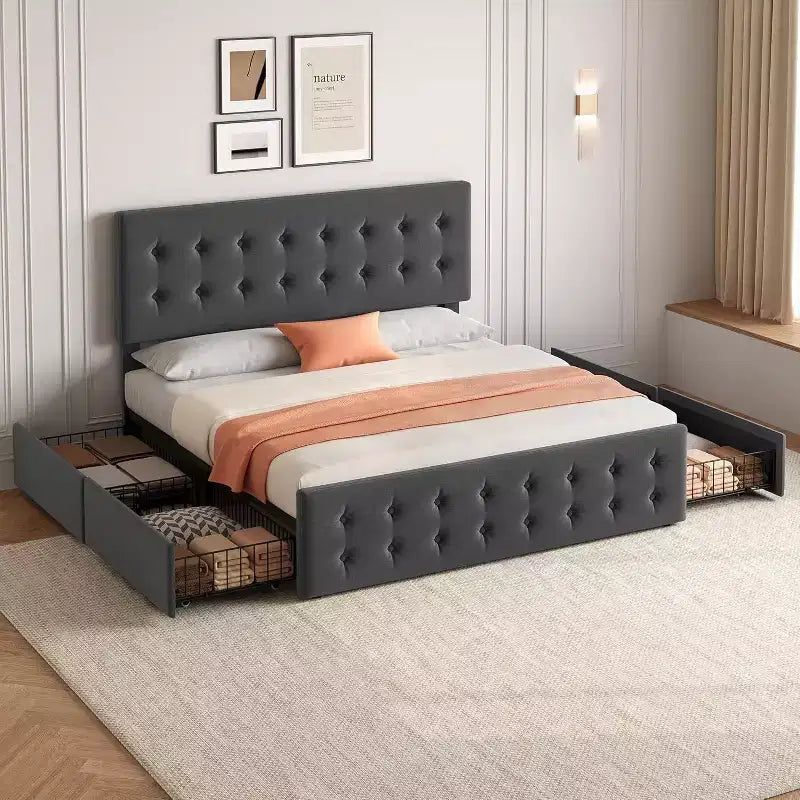 Lit de rangement grand lit/très grand lit avec 4 tiroirs et tête de lit réglable - Lit plateforme rembourré en lin/PU/velours