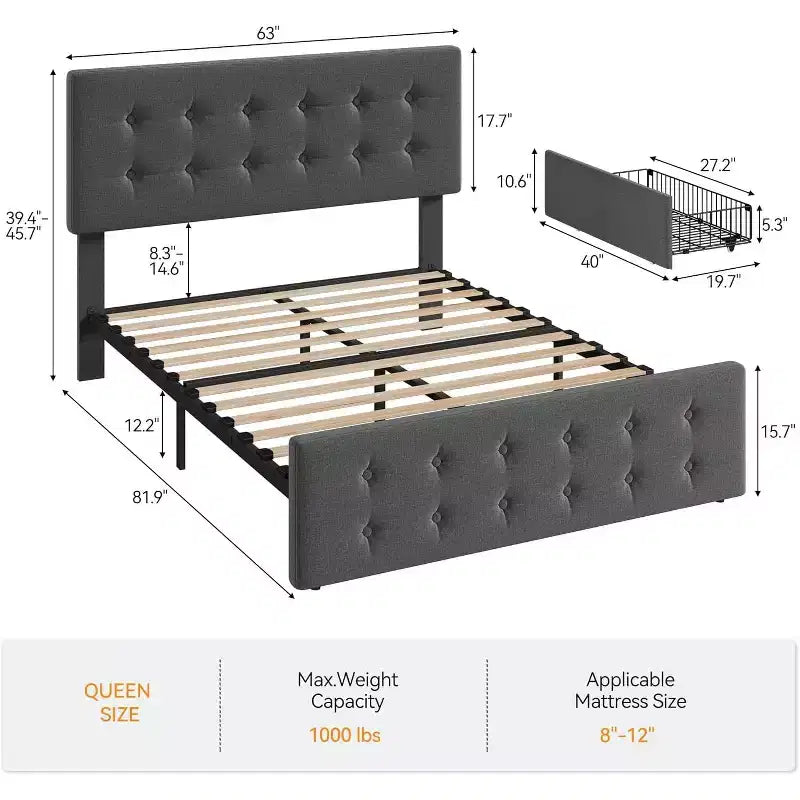 Lit de rangement grand lit/très grand lit avec 4 tiroirs et tête de lit réglable - Lit plateforme rembourré en lin/PU/velours