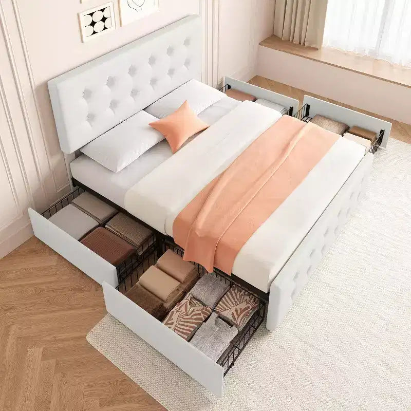 Lit de rangement grand lit/très grand lit avec 4 tiroirs et tête de lit réglable - Lit plateforme rembourré en lin/PU/velours