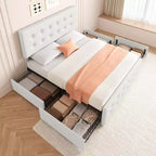 Lit de rangement grand lit/très grand lit avec 4 tiroirs et tête de lit réglable - Lit plateforme rembourré en lin/PU/velours