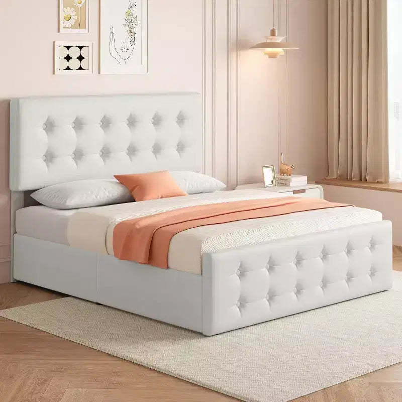 Lit de rangement grand lit/très grand lit avec 4 tiroirs et tête de lit réglable - Lit plateforme rembourré en lin/PU/velours
