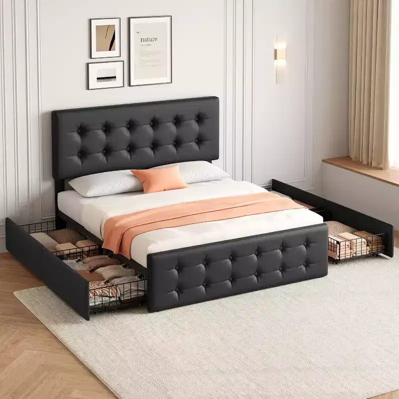 Lit de rangement grand lit/très grand lit avec 4 tiroirs et tête de lit réglable - Lit plateforme rembourré en lin/PU/velours