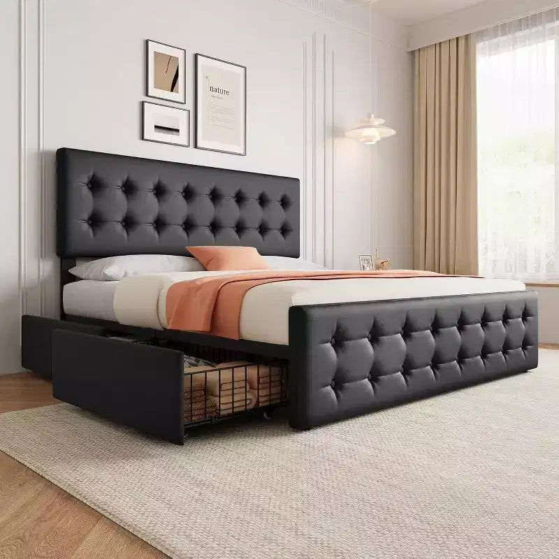 Lit de rangement grand lit/très grand lit avec 4 tiroirs et tête de lit réglable - Lit plateforme rembourré en lin/PU/velours