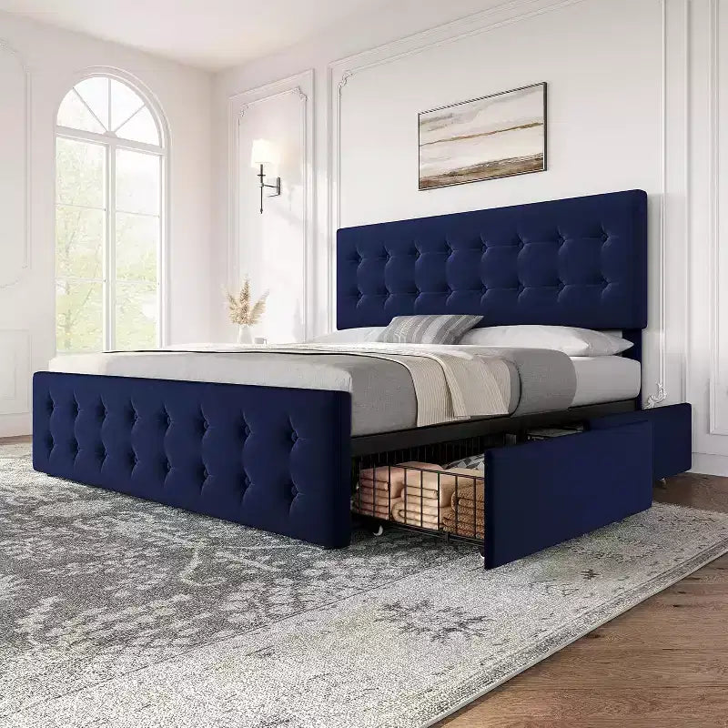 Lit de rangement grand lit/très grand lit avec 4 tiroirs et tête de lit réglable - Lit plateforme rembourré en lin/PU/velours