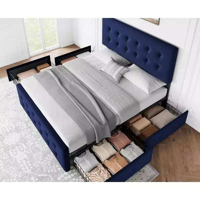 Lit de rangement grand lit/très grand lit avec 4 tiroirs et tête de lit réglable - Lit plateforme rembourré en lin/PU/velours