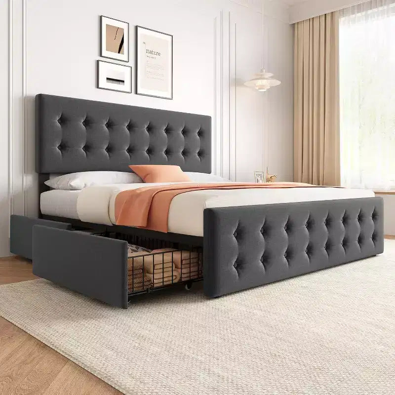 Lit de rangement grand lit/très grand lit avec 4 tiroirs et tête de lit réglable - Lit plateforme rembourré en lin/PU/velours