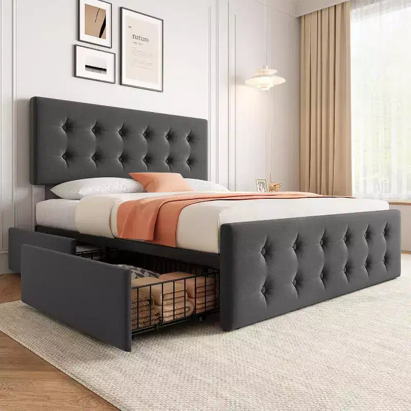 Lit de rangement grand lit/très grand lit avec 4 tiroirs et tête de lit réglable - Lit plateforme rembourré en lin/PU/velours