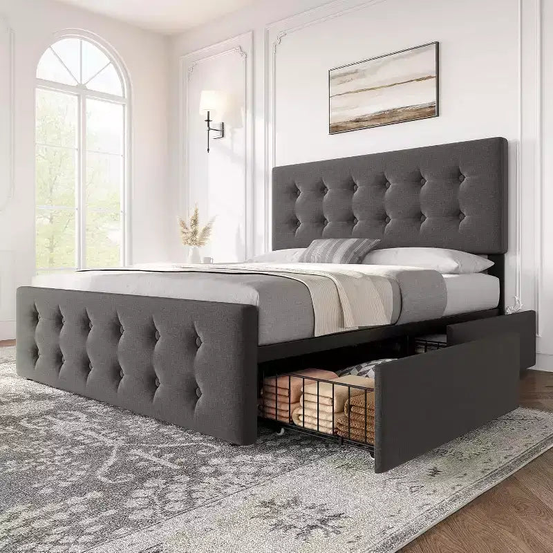 Lit de rangement grand lit/très grand lit avec 4 tiroirs et tête de lit réglable - Lit plateforme rembourré en lin/PU/velours