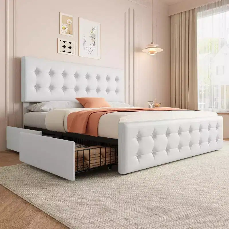 Lit de rangement grand lit/très grand lit avec 4 tiroirs et tête de lit réglable - Lit plateforme rembourré en lin/PU/velours