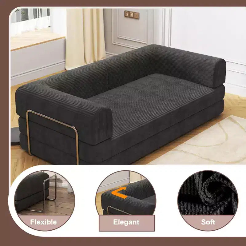 Canapé-lit en velours côtelé, matelas pliant avec cadre à forme fixe, futon convertible 3 places taille King, canapé de sol sans assemblage