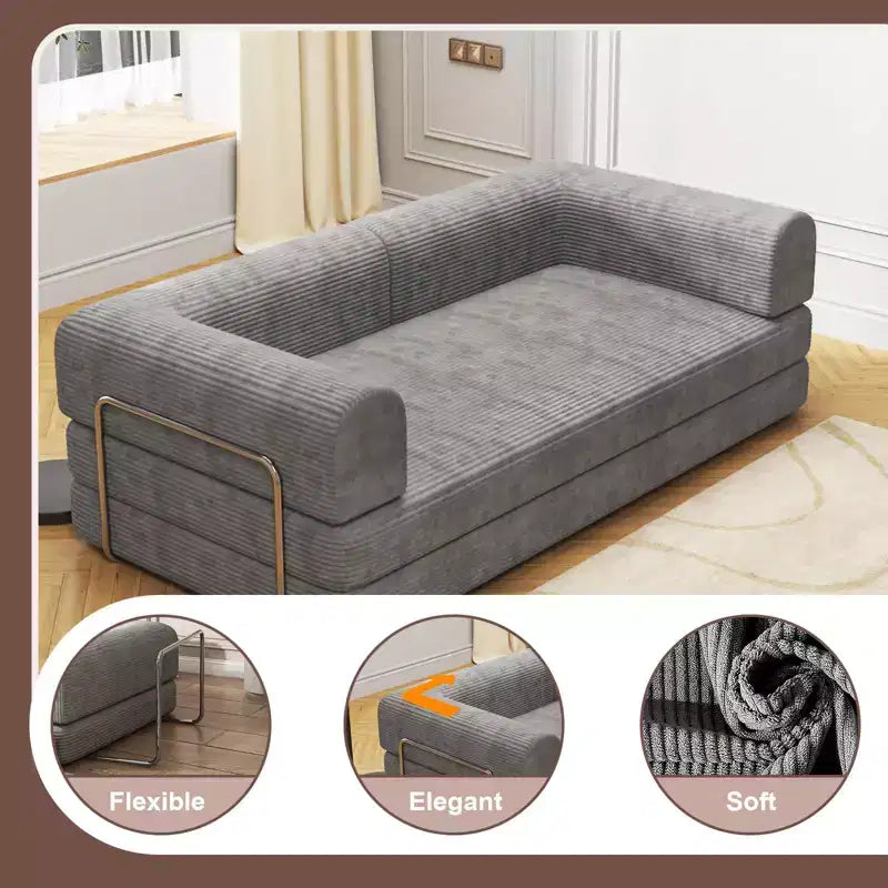 Canapé-lit en velours côtelé, matelas pliant avec cadre à forme fixe, futon convertible 3 places taille King, canapé de sol sans assemblage
