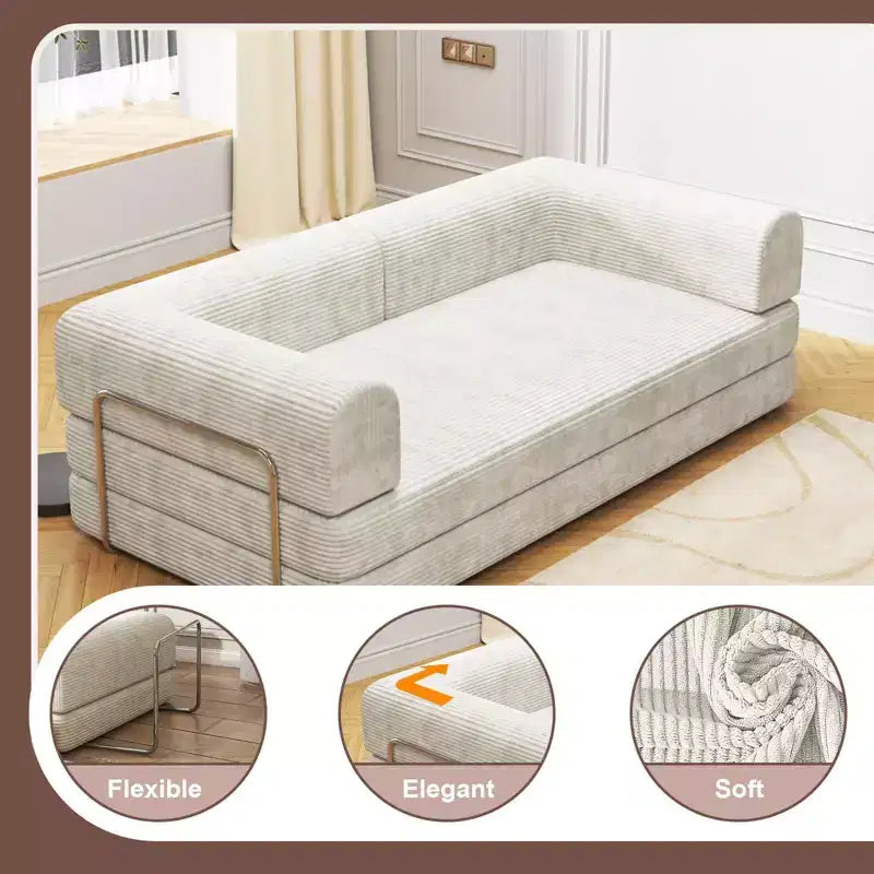 Canapé-lit en velours côtelé, matelas pliant avec cadre à forme fixe, futon convertible 3 places taille King, canapé de sol sans assemblage