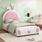 Luxystar Twin Size Upholstered Platform Bed with Rabbit Shaped Headboard, White+Pink