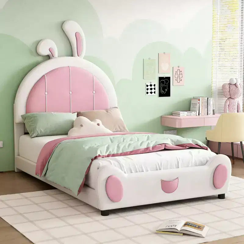 Luxystar Twin Size Upholstered Platform Bed with Rabbit Shaped Headboard, White+Pink