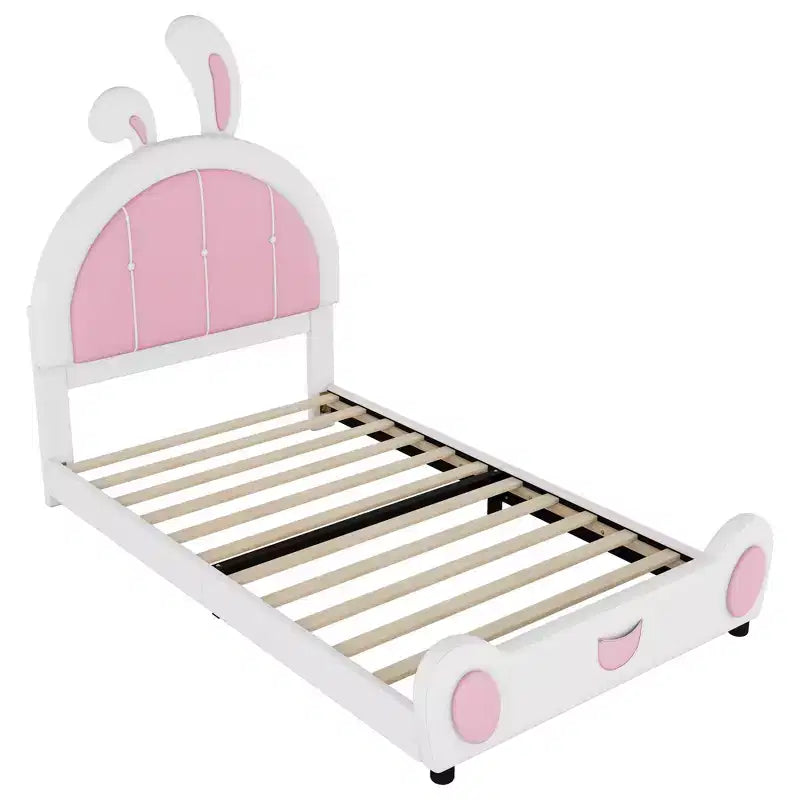 Lit plateforme rembourré Luxystar une place avec tête de lit en forme de lapin, blanc+rose