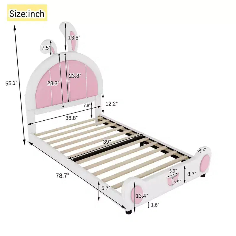 Lit plateforme rembourré Luxystar une place avec tête de lit en forme de lapin, blanc+rose