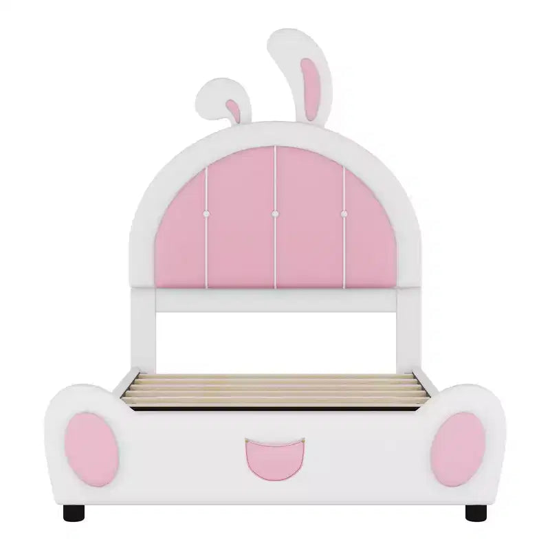 Lit plateforme rembourré Luxystar une place avec tête de lit en forme de lapin, blanc+rose