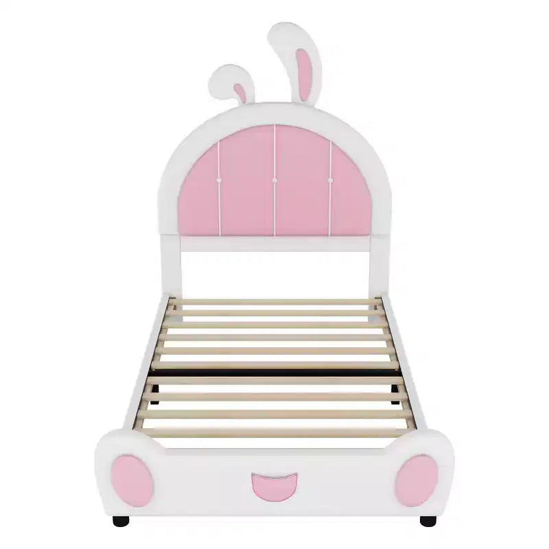 Lit plateforme rembourré Luxystar une place avec tête de lit en forme de lapin, blanc+rose