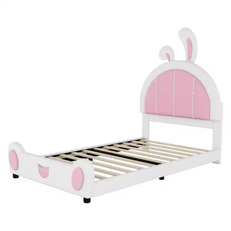 Lit plateforme rembourré Luxystar une place avec tête de lit en forme de lapin, blanc+rose