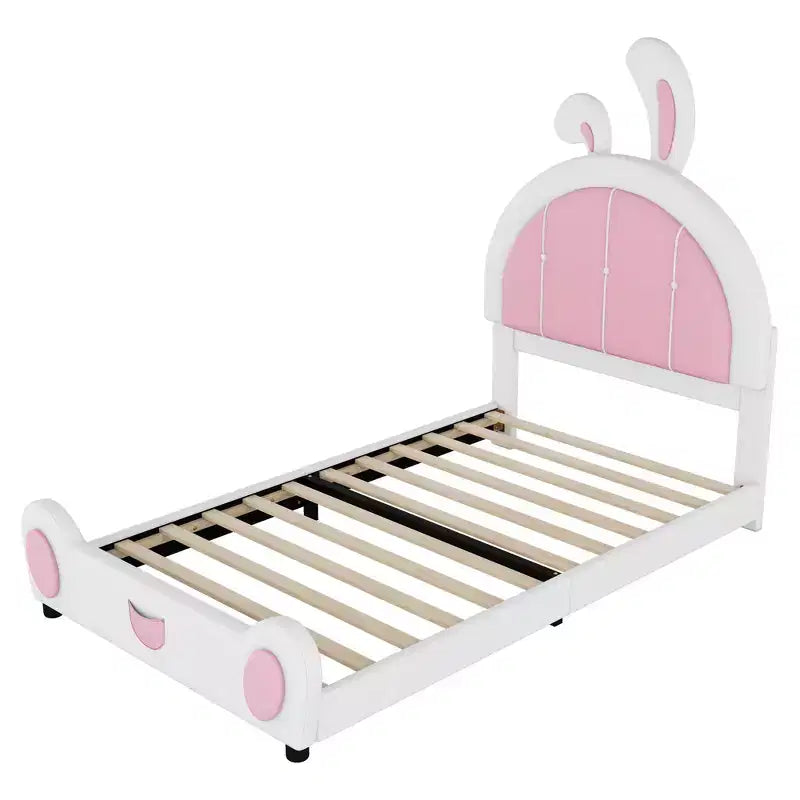 Lit plateforme rembourré Luxystar une place avec tête de lit en forme de lapin, blanc+rose
