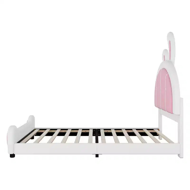 Lit plateforme rembourré Luxystar une place avec tête de lit en forme de lapin, blanc+rose