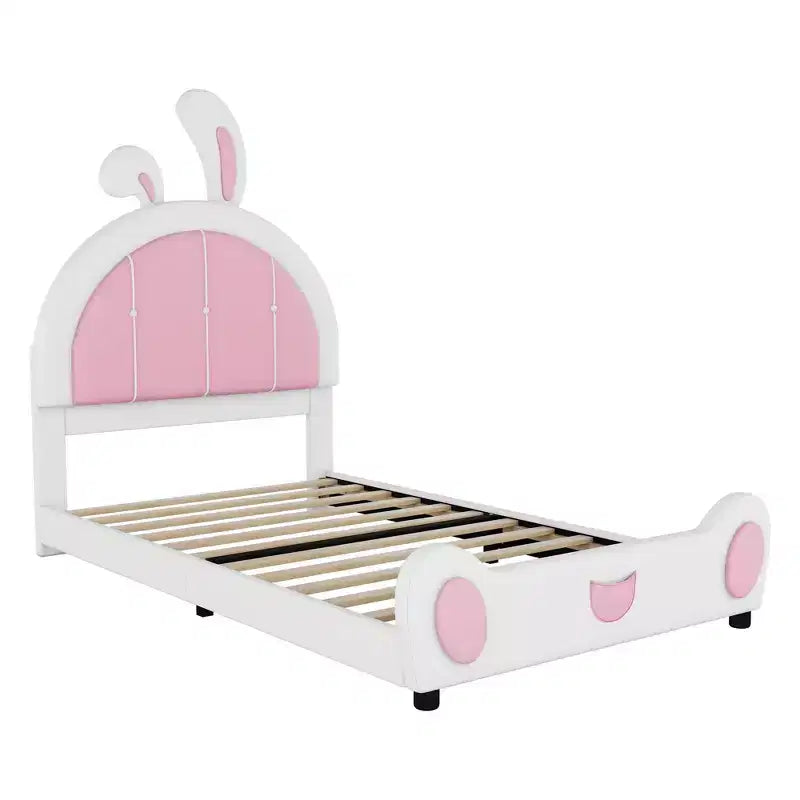 Lit plateforme rembourré Luxystar une place avec tête de lit en forme de lapin, blanc+rose