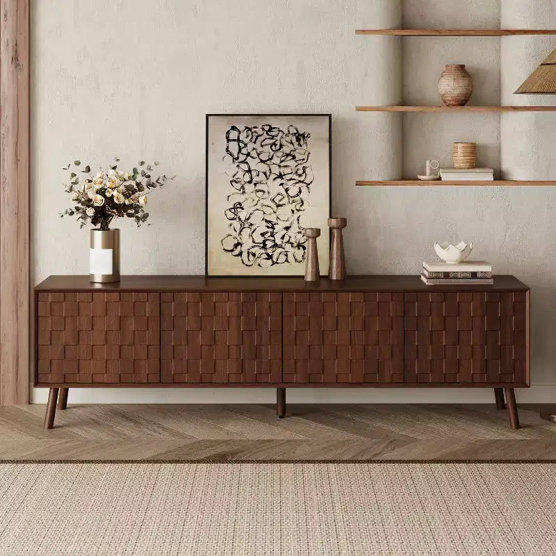 GDFStudio Lakelyn70 Modern TV Stand with Solid Wood Legs and Textured Square Pattern Doors