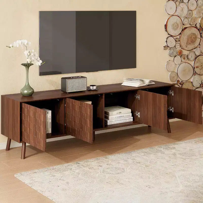 Meuble TV moderne GDFStudio Lakelyn70 avec pieds en bois massif et portes à motifs carrés texturés
