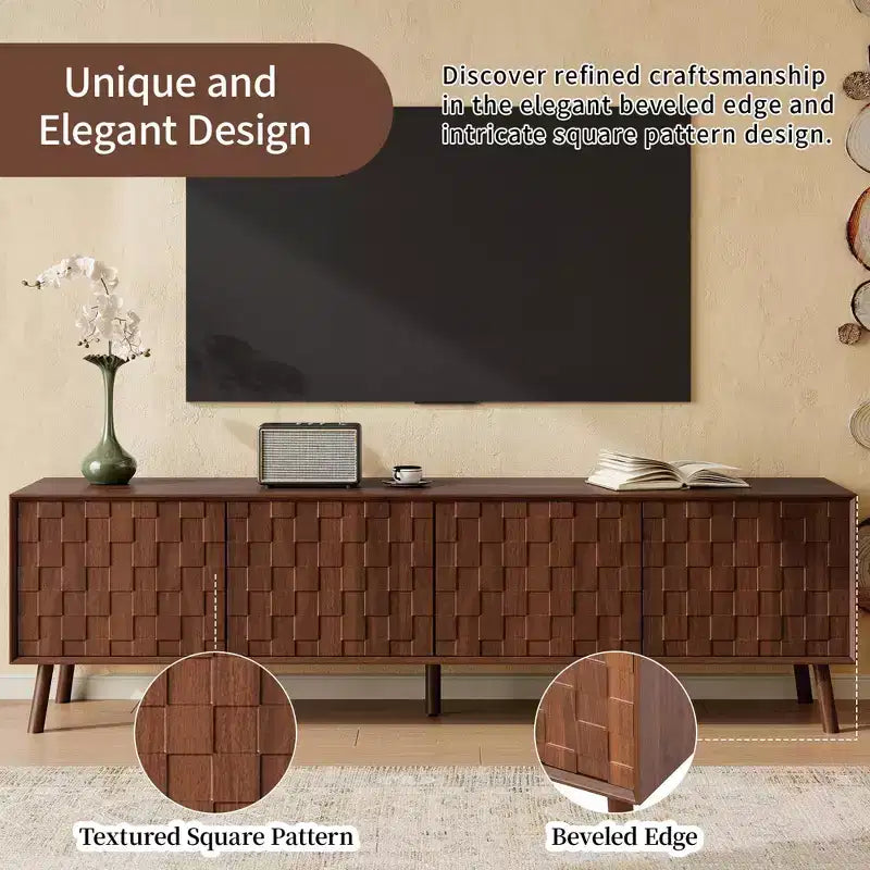 Meuble TV moderne GDFStudio Lakelyn70 avec pieds en bois massif et portes à motifs carrés texturés