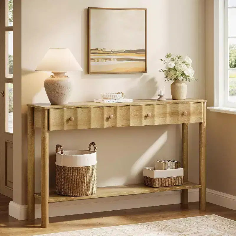 Lantine 55-Inch Console Table with 2 Drawers, Fluted Entryway and Narrow Sofa Table with Open Shelf for Living Room, Hallway, Foyer, Light Oak