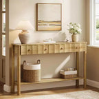 Lantine 55-Inch Console Table with 2 Drawers, Fluted Entryway and Narrow Sofa Table with Open Shelf for Living Room, Hallway, Foyer, Light Oak