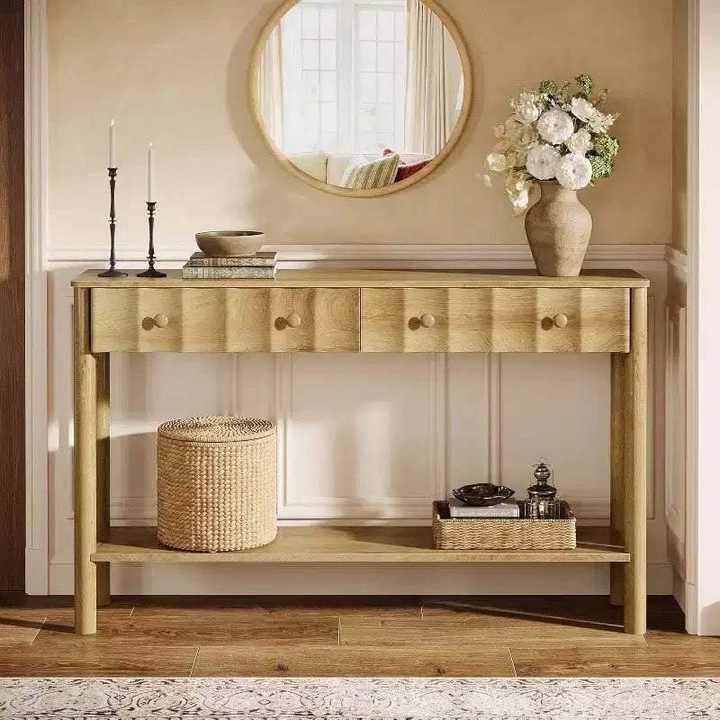 Table console Lantine de 55 pouces avec 2 tiroirs, table d'entrée cannelée et table de canapé étroite avec étagère ouverte pour salon, couloir, hall d'entrée, chêne clair