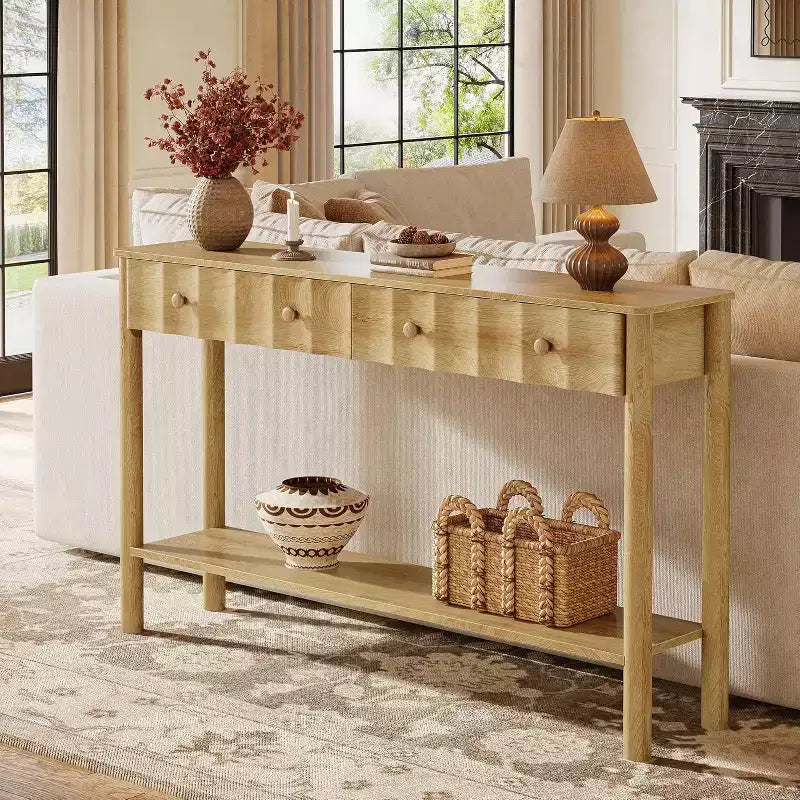 Table console Lantine de 55 pouces avec 2 tiroirs, table d'entrée cannelée et table de canapé étroite avec étagère ouverte pour salon, couloir, hall d'entrée, chêne clair