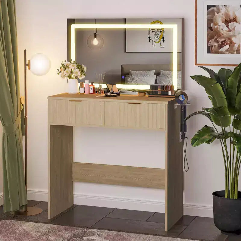 Coiffeuse de maquillage de 78,7 cm avec miroir et lumières réglables pour petit espace - Table de toilette avec 2 tiroirs pour chambre à coucher