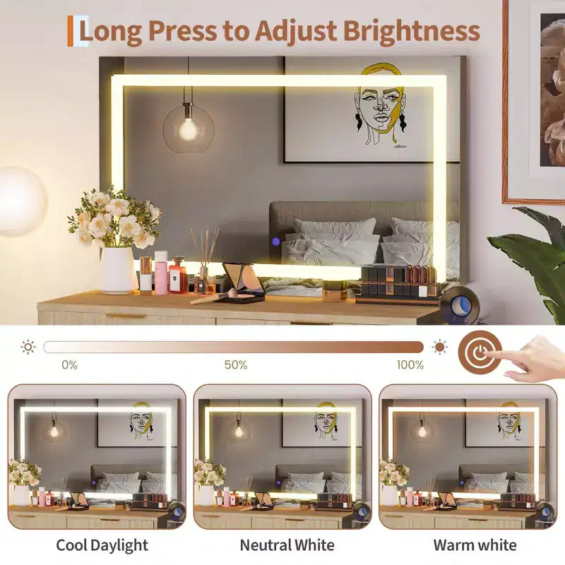 Coiffeuse de maquillage de 78,7 cm avec miroir et lumières réglables pour petit espace - Table de toilette avec 2 tiroirs pour chambre à coucher
