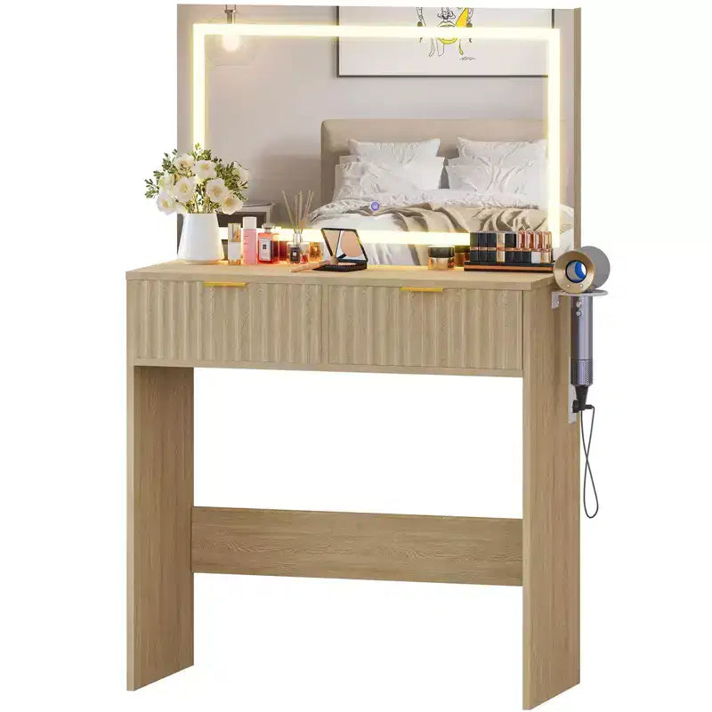 Coiffeuse de maquillage de 78,7 cm avec miroir et lumières réglables pour petit espace - Table de toilette avec 2 tiroirs pour chambre à coucher